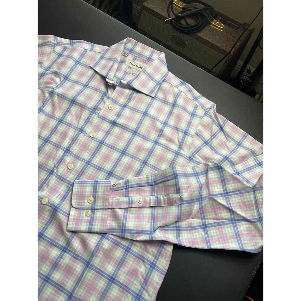 Twillory 15.5 34/35 Pink Blue Plaid Non-Iron Cotton Long Sleeve Shirt